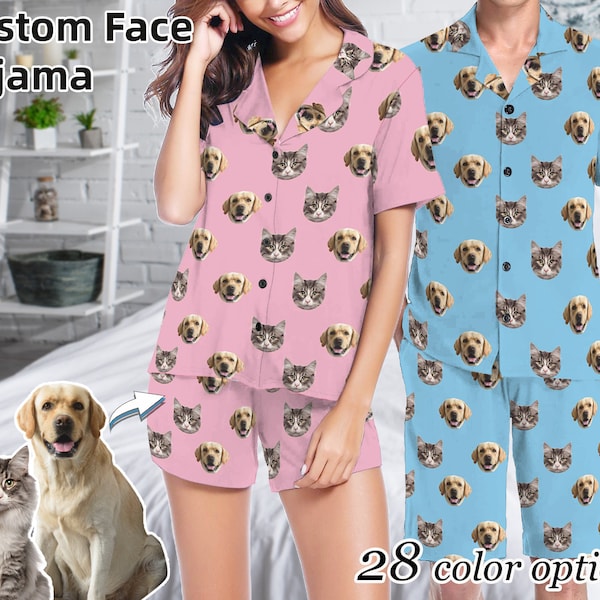 Custom Cat Dog Faces Women Men Short Sleeve Pajama Set Personalized Funny Your Photo on Pet Lovers PJs Birthday Anniversary Gift for Mom Dad