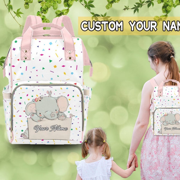 Custom Name Large Diaper Bag,Personalized Mommy Bag,Knapsack Set for New Mom Gift,Cute Elephant Pattern Diaper Bag