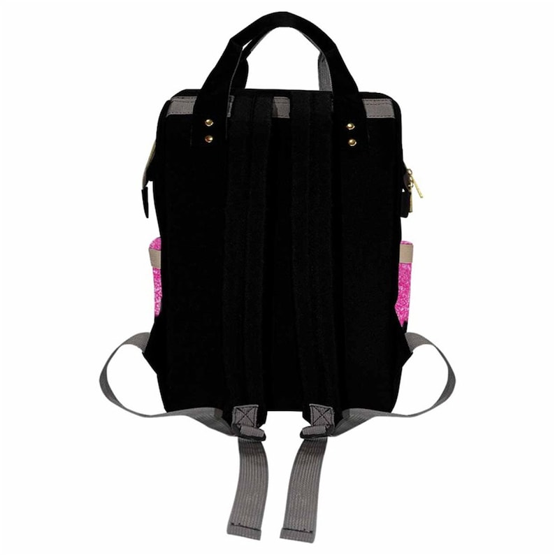 May include: Black canvas backpack with gray straps and a pink zippered pocket. The backpack has a top handle and adjustable straps.