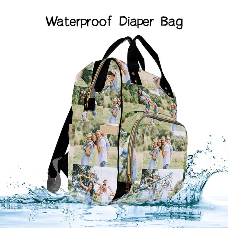 May include: A black and white waterproof diaper bag with a zipper closure and multiple pockets. The bag is decorated with a collage of photos of a family.