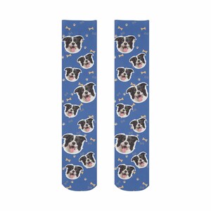 Pu&ograve; includere: Un paio di calzini blu con un motivo ripetuto di un muso di cane e impronte di zampe. Il cane &egrave; un border collie bianco e nero.