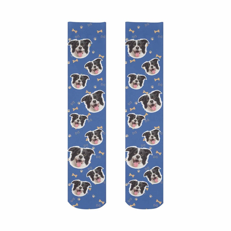 Pu&ograve; includere: Un paio di calzini blu con un motivo ripetuto di un muso di cane e impronte di zampe. Il cane &egrave; un border collie bianco e nero.