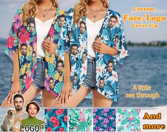 Custom Face Women's Kimono Chiffon Beach Coverup Personalized Photo Beach Sarong Wrap Bachelor Vacation Party Cover up Beach Sarong Wrap