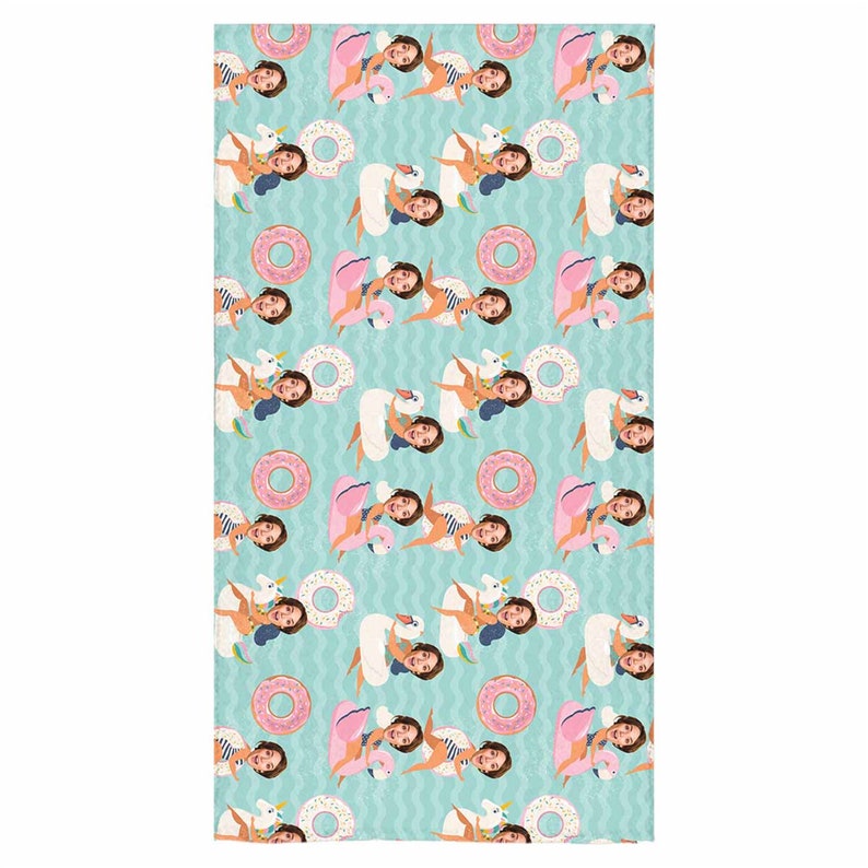 May include: A turquoise beach towel with a repeating pattern of people riding inflatable swans, flamingos, and donuts. The people's faces are replaced with a photo of a person.