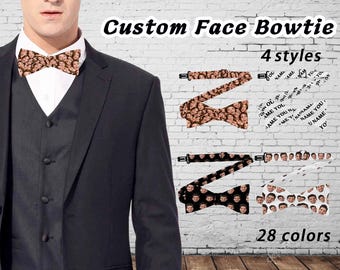 May include: A man wearing a black suit and a bow tie with a pattern of faces. The text "Custom Face Bowtie" is above the image. Below the image, the text "4 styles" and "28 colors" is displayed.