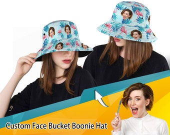 Personalized Cotton Wide Brim Outdoor Summer Cap,Custom Face Unisex Bucket Hat,Your Own Face Boonie Hat,Flamingo Leave Pattern Bucket Hats