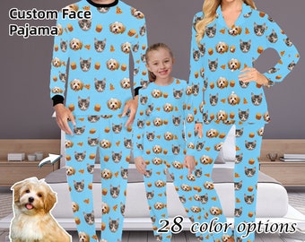 Pigiama a maniche lunghe per famiglie con facce di cani e gatti, personalizzato con foto, per amanti degli animali, regalo di compleanno, addio al nubilato, Natale.