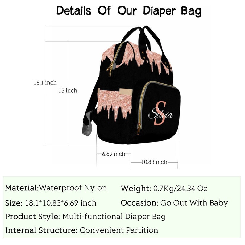 May include: A black diaper bag with a rose gold glitter design and the name "Sylvia" in rose gold lettering. The bag has a zippered front pocket and a large main compartment. It measures 18.1 inches by 10.83 inches by 6.69 inches.