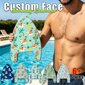 May include: A custom swimming kickboard featuring a light green background with a repeating pattern of pineapples, watermelon slices, palm trees, and a person's face on a unicorn float. The text Custom Face Swimming Kickboard is visible.
