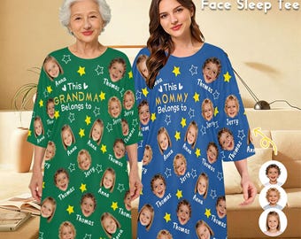 This Mom Belongs To Sleepwear, Personalized Mimi Pajama Dress, Custom Grandkids Faces Nightgown, Gifts for Wife Mom