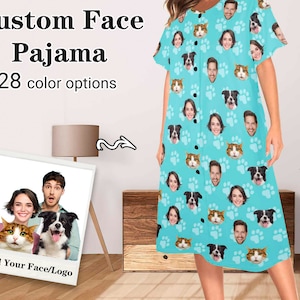 Custom Pajama Shirt for Women Personalized Photo Pajama Tee Dog Cat Face on Oversized Pajama Dress Bachelor Christmas Gift Pajama Shirt