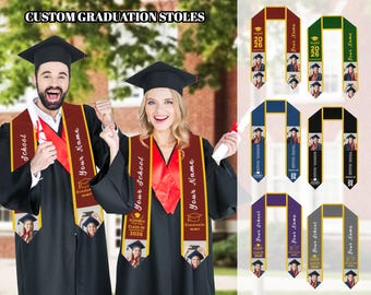 May include: Custom graduation stoles in various colors, featuring photos, names, and graduation year. The stoles are displayed on people wearing graduation gowns. Text includes "Your Name", "School", and "Class of 2026".