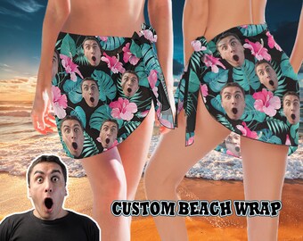 Custom Beach Women's Short Sarongs Beach Wrap Skirt,Personalized Face Bikini Swimwear Cover up,Anniversary/Birthday Gift,Leaves Pattern