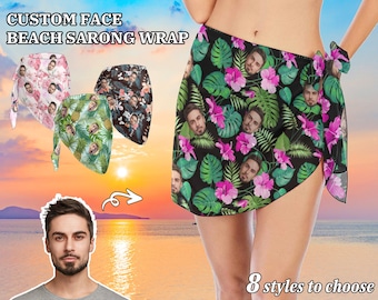 May include: A black and green beach sarong wrap with a floral pattern and multiple faces printed on it. The text "CUSTOM FACE BEACH SARONG WRAP" is at the top of the image. The text "8 styles to choose" is at the bottom of the image.