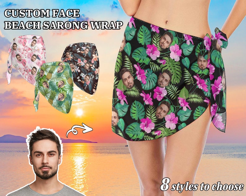Pu&ograve; includere: Un pareo da spiaggia nero e verde con un motivo floreale e diversi volti stampati su di esso. Il testo "CUSTOM FACE BEACH SARONG WRAP" &egrave; nella parte superiore dell'immagine. Il testo "8 styles to choose" &egrave; nella parte inferiore dell'immagine.