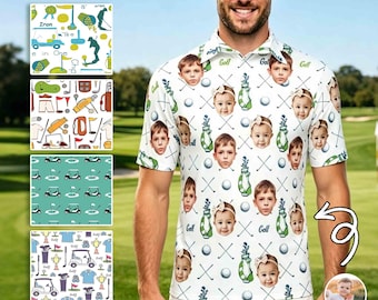 Custom Face Golf Polo Shirt for Men, Personalized Short Sleeve Polo With Golf Icons, Golf Team Matching Polo Shirts, Father's Day Gifts Polo