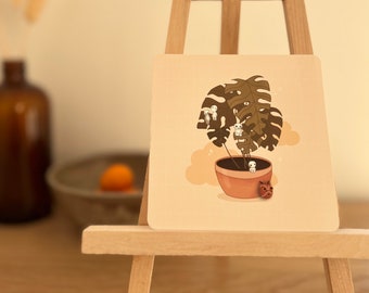 Kodama Monstera Print | 4 x 4 Art Print, Japanese Anime, Tree Spirit, Forest, Mini Print, Wall Decor, Postcard, Greeting Card, Cute Gifts