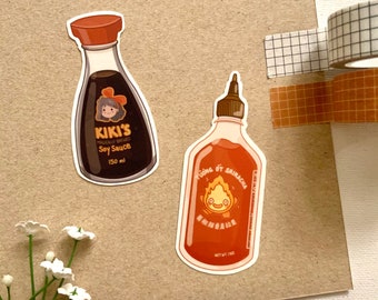 Stickers Sauces Asiatiques | Sauce piquante Calcifer sriracha, sauce soja Kiki, autocollant cuisine asiatique, décalcomanie en vinyle, imperméable à l'eau, ordinateur portable, journal, cadeau mignon