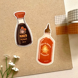 Pegatinas de salsas asiáticas: salsa picante Sriracha Calcifer, salsa de soja Kiki, pegatina de comida asiática, calcomanía de vinilo, resistente al agua, para computadora portátil, diario, regalo bonito