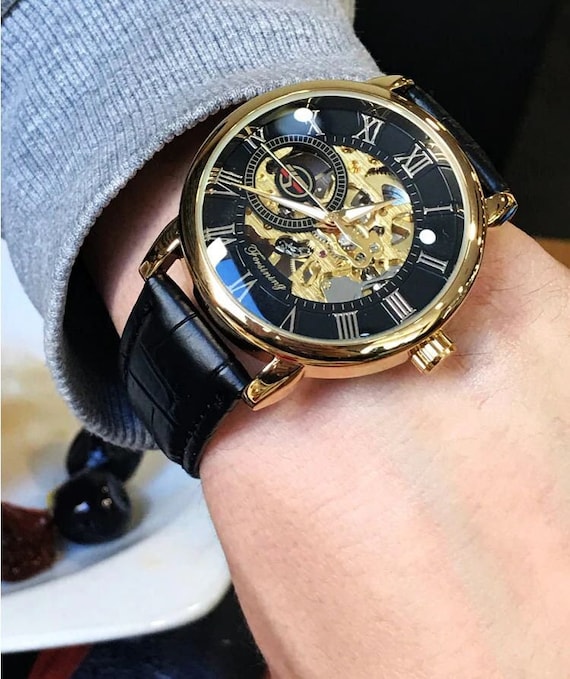 FORSINING 3D Logo Black Gold Men Skeleton Mechanical Watch Man Watches Top  Brand Luxury Leather WINNER Design Montre Homme 2020 
