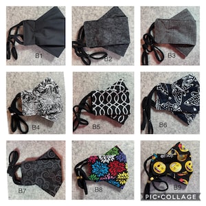 Może przedstawiać: Dziewięć różnych masek z tkaniny o różnych wzorach i kolorach. Maski są wszystkie czarne z różnymi wzorami, w tym motyle, wiry i emoji. Maski są oznaczone od B1 do B9.