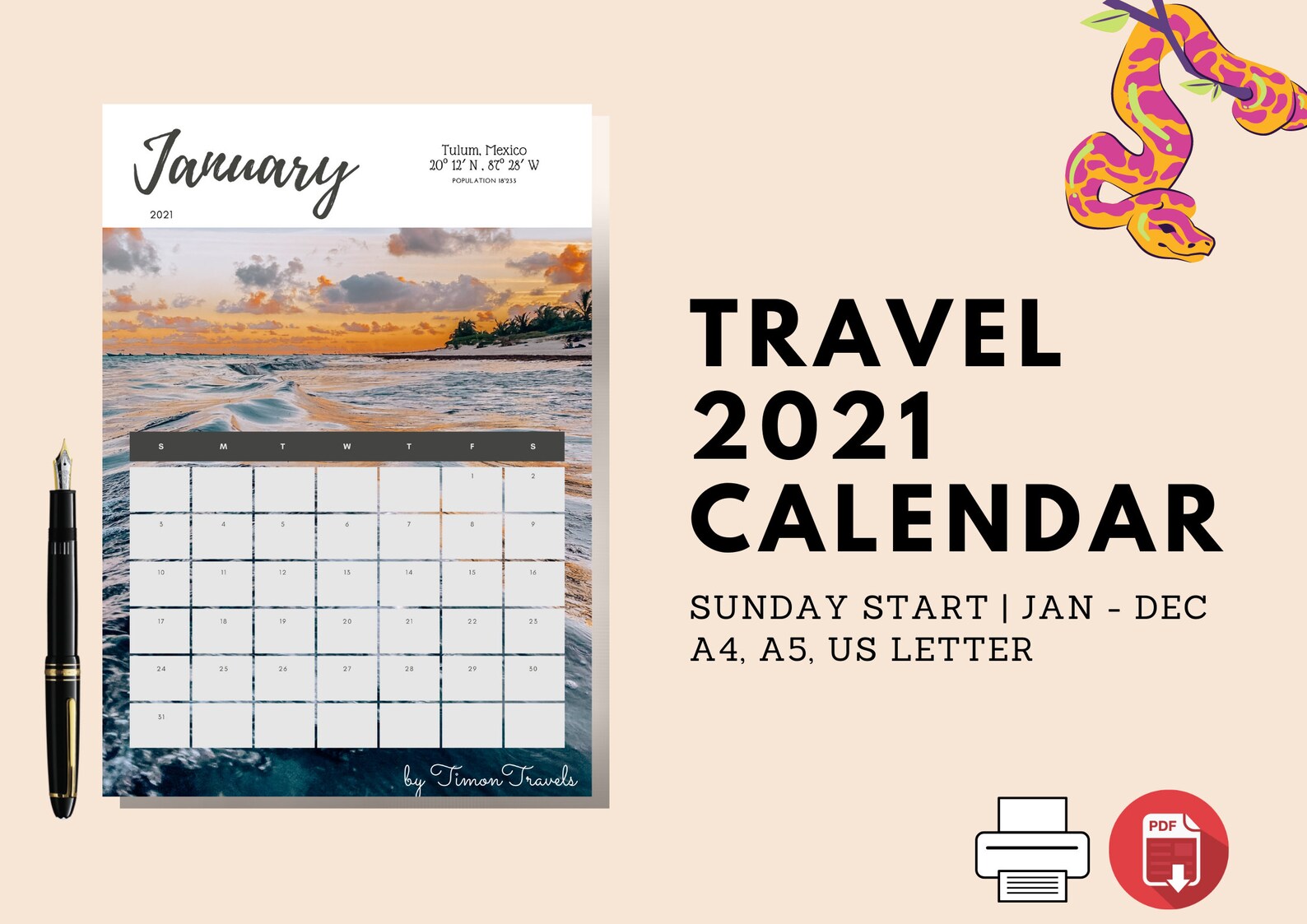 2021 Travel Calendar Download Printable & Instant Download Etsy