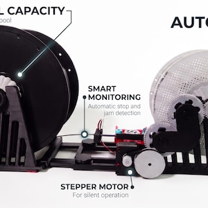 以下が含まれることがあります： 黒いフレーム、3kgのスプール容量、自動停止とジャム検知のためのスマートモニタリング、静音動作のためのステッピングモーターを備えた自動3Dプリンター用フィラメントスプールホルダー。透明なフィラメントスプールが含まれています。