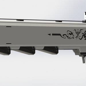 May include: A futuristic-looking, gray and black, sci-fi style rifle with a black and white design on the top. The rifle has a scope on top and a black trigger.