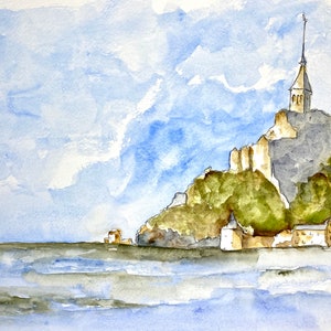 Original-Aquarell von Mont Saint Michel, Illustration des Strandes der Normandie, Strand von Frankreich, Illustration von Mont Saint Michel, Geschenk