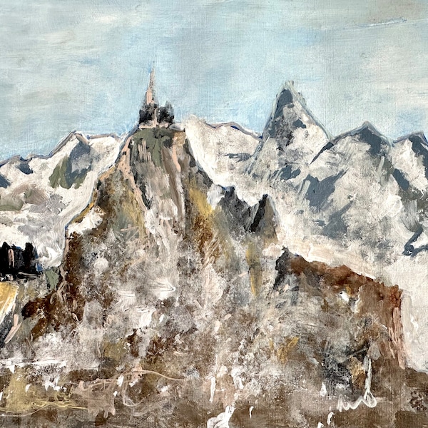 Abstract acrylic landscape painting Aiguille du Midi Chamonix, original mountain art work of the Alps, Mont Blanc Savoie mountain range