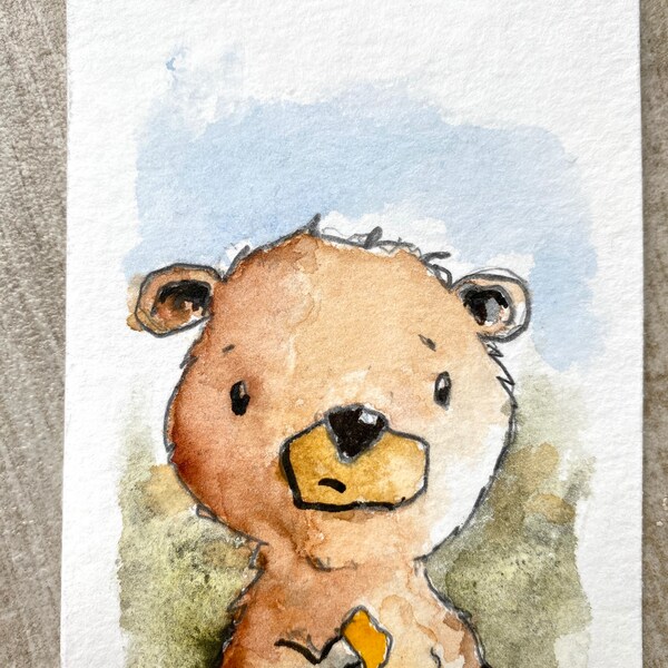 Marque page aquarelle d’un petit ourson pour enfant, signet pour livre animaux mignon, peinture originale, cadeau pour jeunes lecteurs