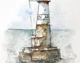 Original watercolor painting of the Ar-Men lighthouse in Brittany, lighthouse of the Ponant underworld, sailor at sea, semaphore, port coast and maritime decoration