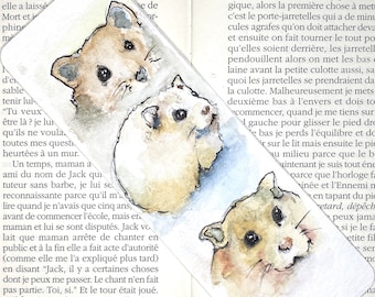Marque-page hamster en aquarelle originale, illustration de hamster adorable, signet pour livre d’un hamster mignon