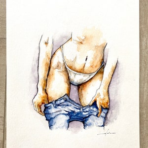 Original watercolor painting of a naked woman taking off her jeans, female nude in watercolor, art illustration of a woman undressing in her panties.