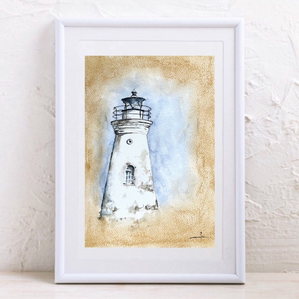 Aquarelle originale unique phare, Lighthouse mid-Atlantic États port maritime