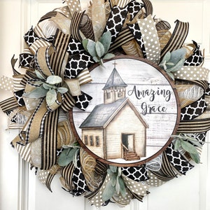 Farmhouse Wreath, Church, Amazing Grace Christian Decor, Summer Wreath Front Door,  Farmhouse All Season Wreath, Summer