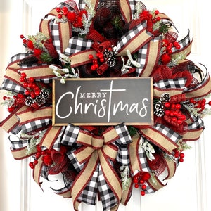 Christmas Wreath, Farmhouse Buffalo Plaid, Decor for front door, double doors, Merry Christmas