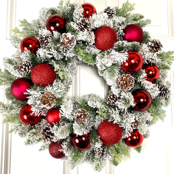 Lighted Red Ornament Pinecone Wreath: Winter Holiday Porch Decor