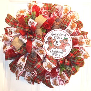 Gingerbread Kisses Christmas Wreath: Candy Cane & Plaid Ribbons