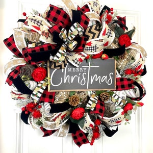 Christmas Wreath, Farmhouse Decor, Buffalo Check, Merry Christmas