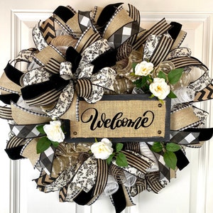 Farmhouse Welcome Wreath: Neutral Deco Mesh, Custom Sign