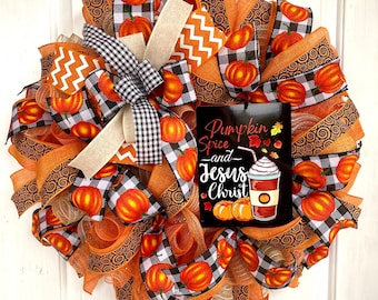 Fall Pumpkin Wreath: Farmhouse Thanksgiving Decor, Christian Theme