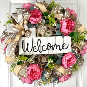 Farmhouse Peony Wreath, Everyday Front Door Decor for Spring and Summer, Designer Mesh