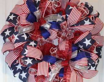 Patriotic Wreath, Flag Wreath, 4th of July Wreath, Red White and Blue Wreath, summer wreath
