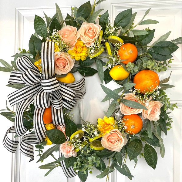 Summer Wreath for front Door, Orange Wreath, Florida Citrus Wreath for Front Door, Everyday Wreath, Orange Lemon Wreath, Floral Wreath