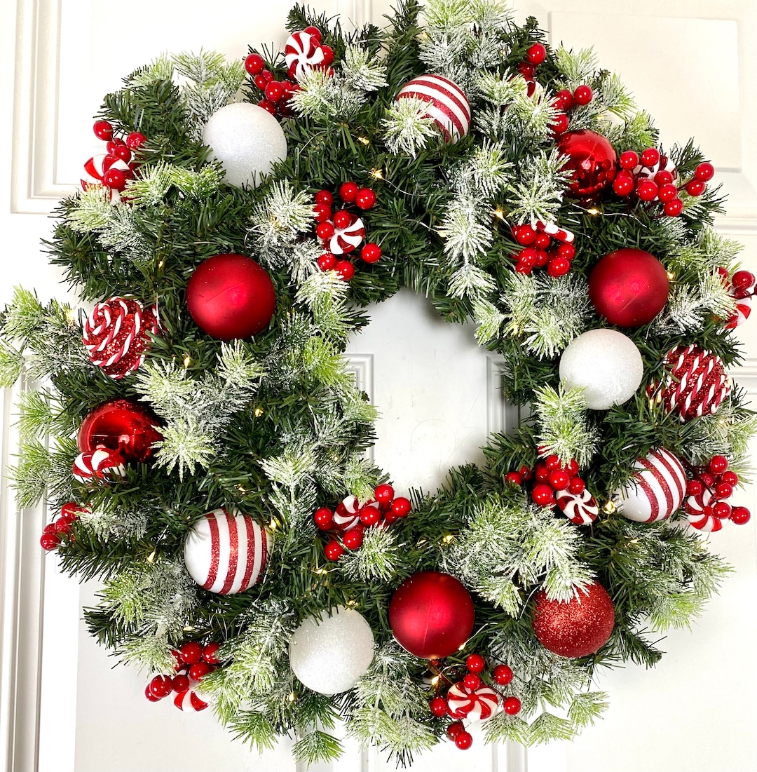Lighted Peppermint Christmas Ornament Wreath, Holiday Ornament Wreath, Winter Porch Decor, Red