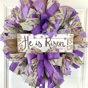 Purple Easter Wreath: &quot;He is Risen&quot; Spring Cross Front Door Decor