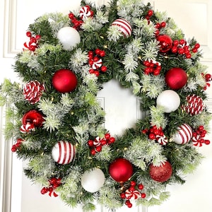 Lighted Peppermint Ornament Christmas Wreath: Red & White Holiday Decor
