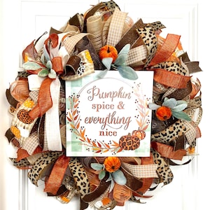 Pumpkin Spice Fall Wreath, Fall Farmhouse, Thanksgiving Decor, Mesh Wreath, Autumn