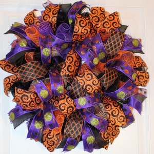 Halloween Wreath, Christian Purple Orange Black Wreath, Fall wreath for front door